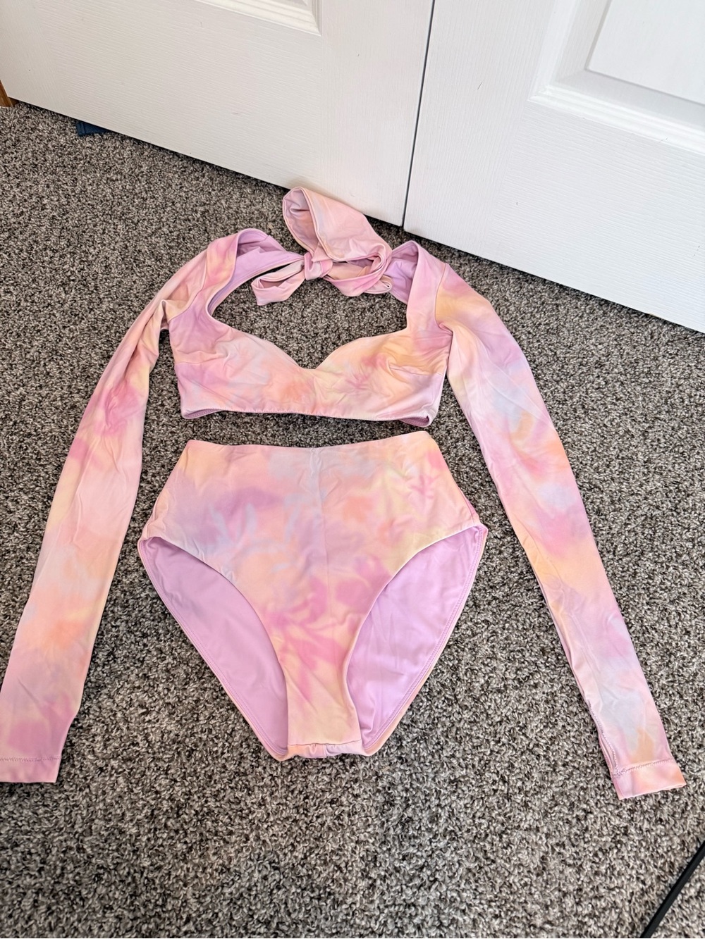 POPFLEX Pastel Tie-Dye Pink & Peach High-Waist Bikini Set with Long Sleeve Top